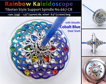 Support Spindle No.667-CB - Rainbow Kaleidoscope - Tibetan Style/Size with Cobalt Blue Shaft - FREE SHIPPING