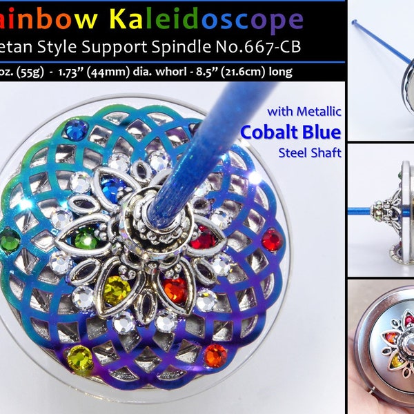 Support Spindle No.667-CB - Rainbow Kaleidoscope - Tibetan Style/Size with Cobalt Blue Shaft - FREE SHIPPING