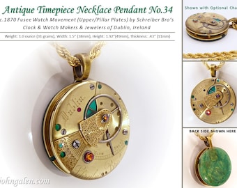 Antique Timepiece Pendant No.34 - Steampunk Style - c.1870 Verge Fusee Watch Movement by Schreiber Bro’s of Dublin, Ireland- FREE SHIPPING