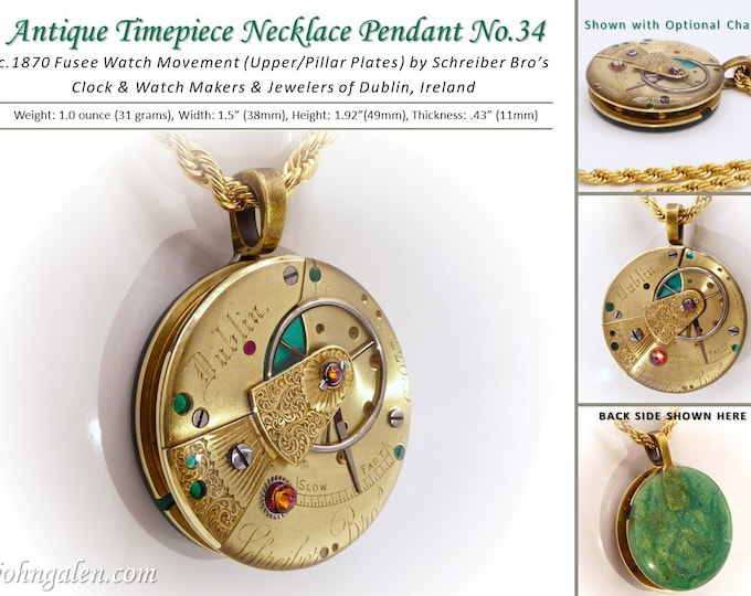 Antique Timepiece Pendant No.34 - Steampunk Style - c.1870 Verge Fusee Watch Movement by Schreiber Bro’s of Dublin, Ireland- FREE SHIPPING