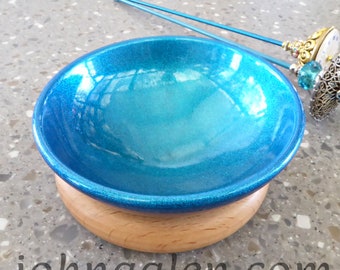 Support Bowl: Solid Steel in Royal Blue - Silver Medallion and Choice of Wood Base - FREE SHIPPING