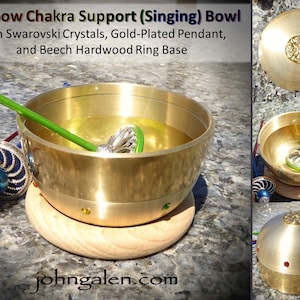 Support Spindle Bowl - Rainbow Chakra Jeweled Brass with wood ring base - FREE SHIPPING