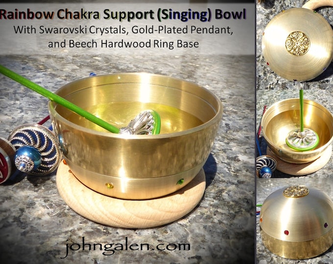 Support Spindle Bowl - Rainbow Chakra Jeweled Brass with wood ring base - FREE SHIPPING