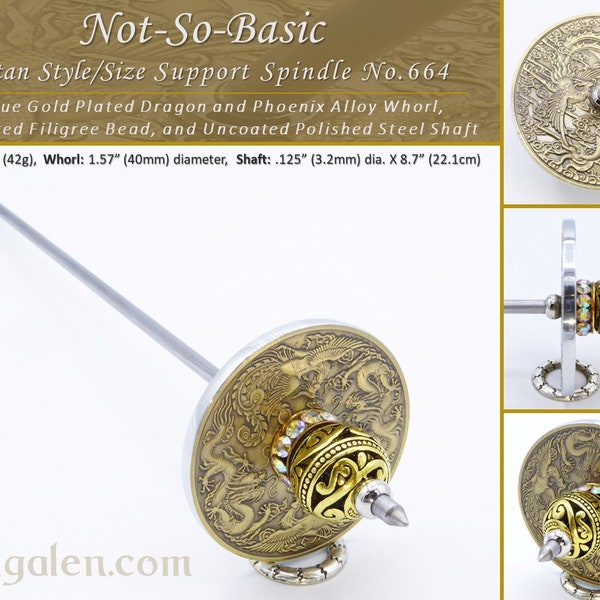 Tibetan Style Support Spindle No.664 - Not-so-Basic, Dragon and Phoenix Alloy Whorl and Un-coated Steel Shaft - FREE SHIPPING (US Only)