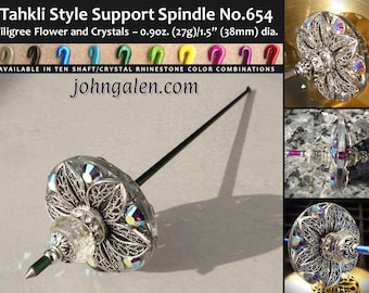 Tahkli Style Support Spindle No.654 - Floral Filigree - Choice of Shaft & Crystal Colors - FREE SHIPPING