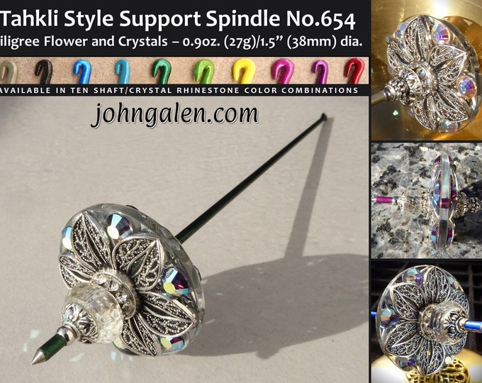 Tahkli Style Support Spindle No.654 - Floral Filigree - Choice of Shaft & Crystal Colors - FREE SHIPPING