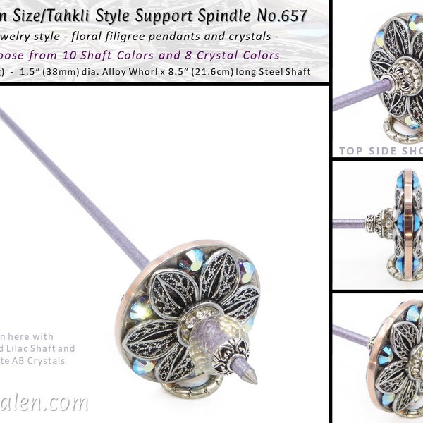 Support Spindle No.657 - Tibetan Size-Tahkli Style - Floral Filigree and Alloy Whorl - Choice of Shaft & Crystal Colors - FREE SHIPPING