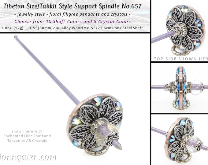 Support Spindle No.657 - Tibetan Size-Tahkli Style - Floral Filigree and Alloy Whorl - Choice of Shaft & Crystal Colors - FREE SHIPPING