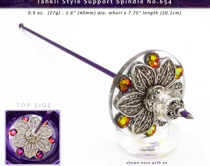 Tahkli Support Spindle No.654 - Acrylic and Floral Filigree Whorl - 10 Shaft Colors
