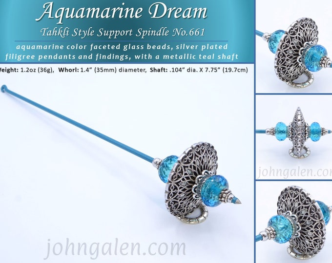 Tahkli Support Spindle No.661 - Aquamarine Dream - Glass Beads and Filigree - FREE SHIPPING