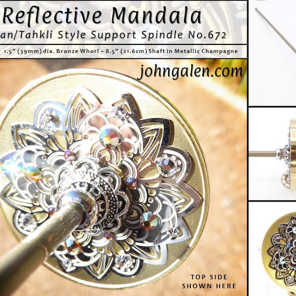 Support Spindle No.672 - Reflective Mandala - Tibetan Size/Tahkli Style with Bronze Whorl and Metallic Champagne Shaft - FREE SHIPPING