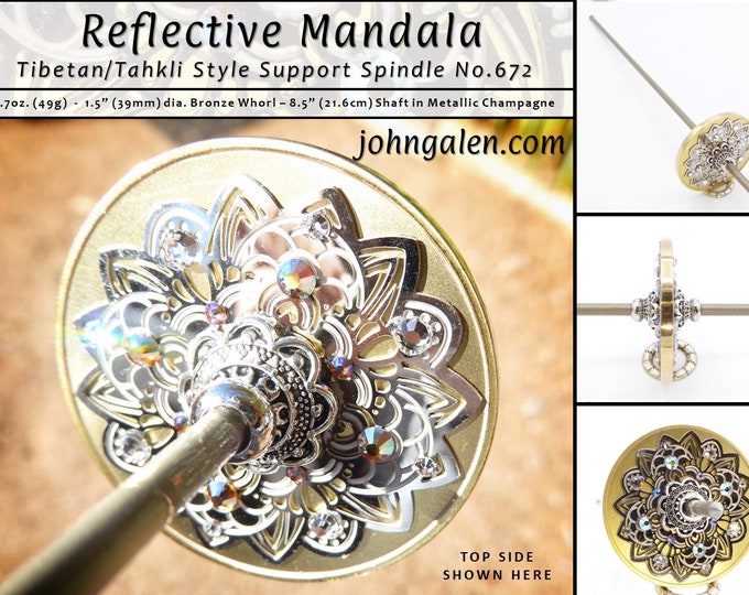 Support Spindle No.672 - Reflective Mandala - Tibetan Size/Tahkli Style with Bronze Whorl and Metallic Champagne Shaft - FREE SHIPPING