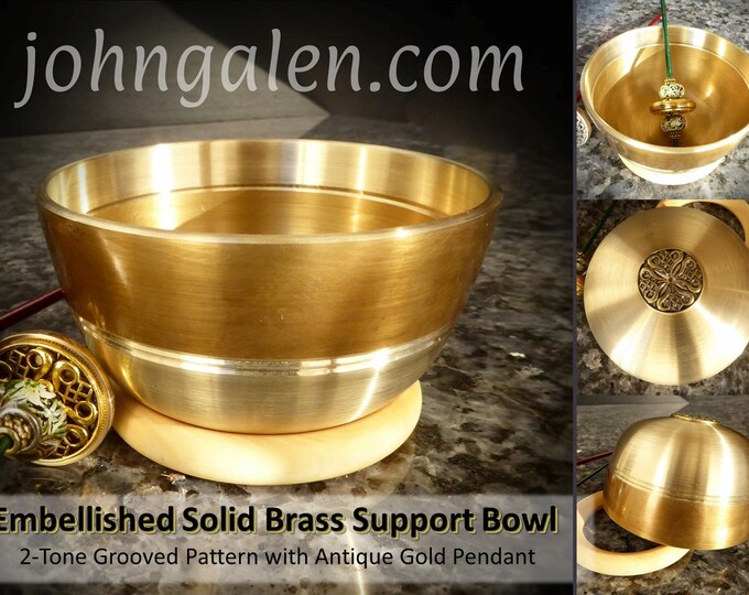 Support Spindle Bowl - Embellished Solid Brass w/Wood Ring Base - FREE SHIPPING