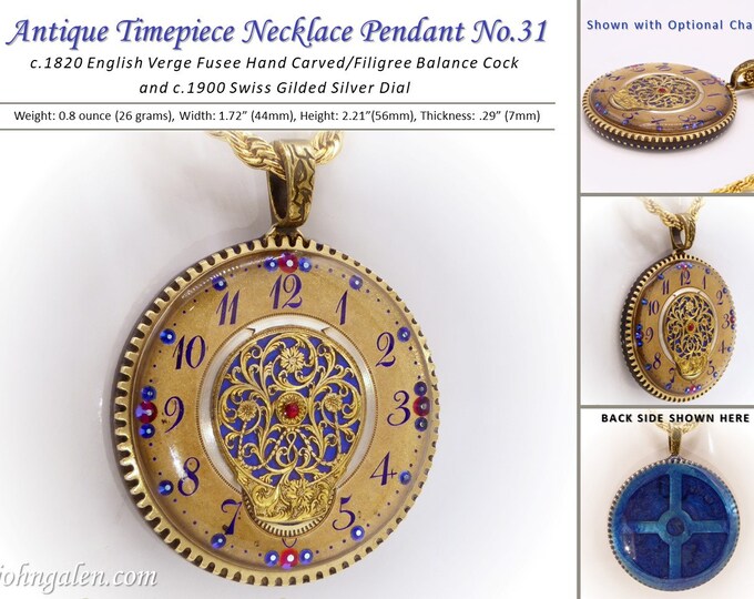 Antique Timepiece Pendant No.31 - Steampunk Style - c.1820 Verge Fusee Filigree Watch Parts + c.1900 Swiss Watch Dial- FREE SHIPPING