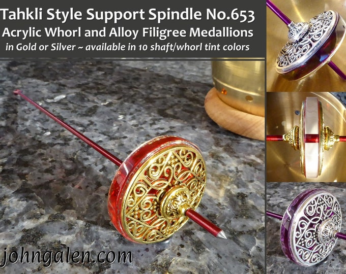 Tahkli Style Support Spindle No.653 - Acrylic Whorl with Gold or Silver - 10 Shaft Colors - FREE SHIPPING