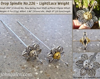 Drop Spindle No.226 - 0.7oz  Mini Drop Spindle with Floral Filigree Whorl and Steel Shaft - Free Shipping (US)