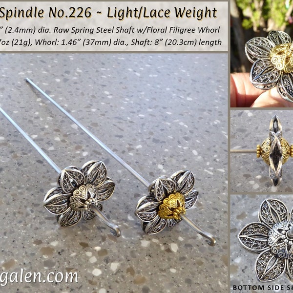 Drop Spindle No.226 - 0.7oz  Mini Drop Spindle with Floral Filigree Whorl and Steel Shaft - Free Shipping (US)