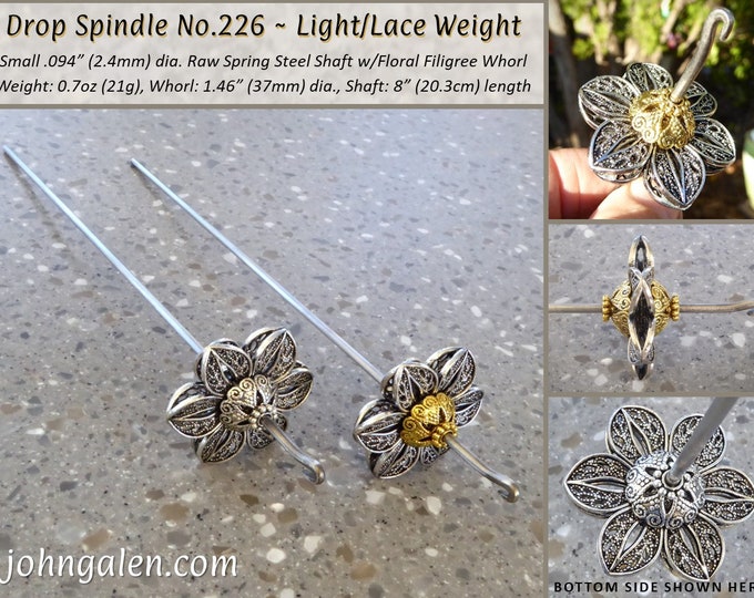 Drop Spindle No.226 - 0.7oz  Mini Drop Spindle with Floral Filigree Whorl and Steel Shaft - Free Shipping (US)