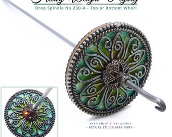 Drop Spindle No.230-A & 230-B- 2.3oz (65g) - Heavy Weight, Long Shaft, Patina Silver Plate - Free Shipping (US)