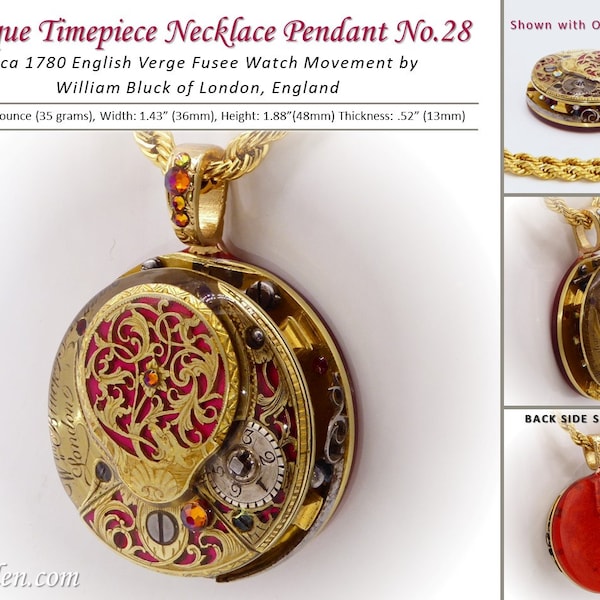 Antique Timepiece Pendant No.28 - Steampunk Style - circa 1780 William Bluck Verge Fusee Watch Movement - FREE SHIPPING