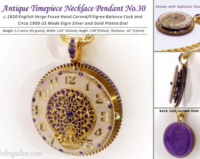 Antique Timepiece Pendant No.30 - Steampunk Style - c.1820 Verge Fusee Watch Parts + c.1900 Elgin Watch Dial- FREE SHIPPING