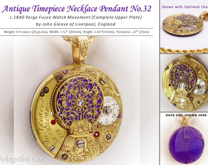 Antique Timepiece Pendant No.32 - Steampunk Style - c.1840 Verge Fusee Movement by John Gleave of Liverpool, England- FREE SHIPPING