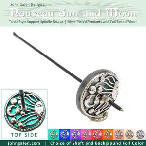 May include: A silver-plated Tahkli style support spindle with a foil-tinted whorl. The design features a sun and moon motif. The text "Nouveau Sun and Moon" is displayed at the top. The bottom of the image shows color options.