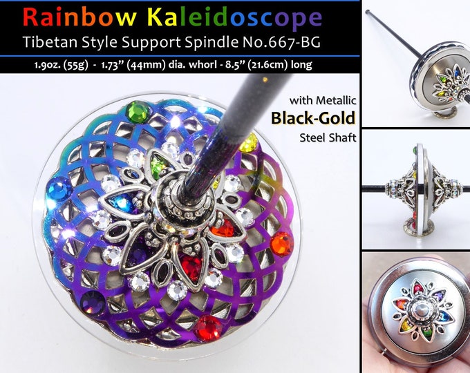 Support Spindle No.667-BG - Rainbow Kaleidoscope - Tibetan Style/Size with Black-Gold Shaft - FREE SHIPPING