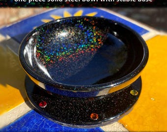 Support Bowl for Spinning: RAINBOW CHAKRA - Crystal Embellished - One-Piece Solid Steel Bowl with Stable Base - Free Shipping (US)