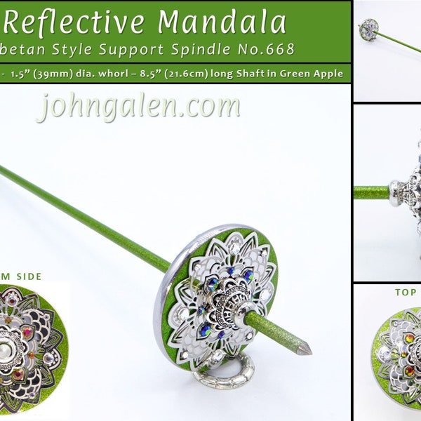 Support Spindle No.669 - Reflective Mandala - Tibetan Style/Size with Green Apple Sparkle Shaft - FREE SHIPPING