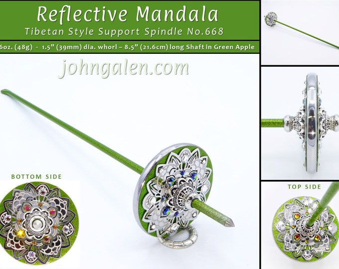 Support Spindle No.669 - Reflective Mandala - Tibetan Style/Size with Green Apple Sparkle Shaft - FREE SHIPPING