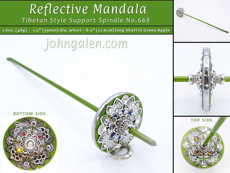 Support Spindle No.669 Reflective Mandala Tibetan Style/Size with Green Apple Sparkle Shaft FREE SHIPPING image 1