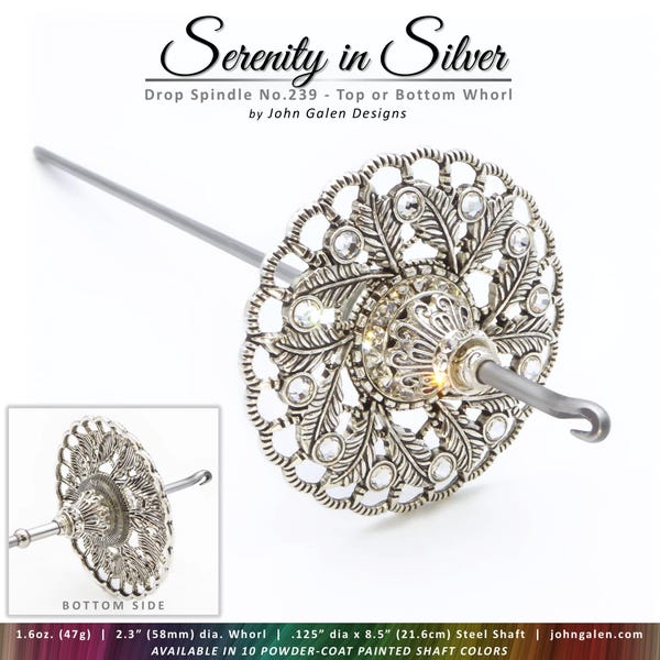 Drop Spindle No.239 - Serenity in Silver - Rim Weighted Alloy Whorl & Crystals