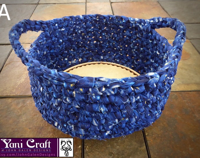 Crocheted Basket - Starry Night Blue - One or Two Piece Nesting Combo - Cotton Fabric with Wood Base - Free Shipping (US)