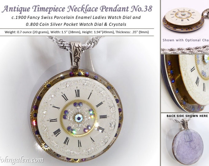 Antique Timepiece Necklace Pendant No.38  - Steampunk Style - c.1900 Swiss Porcelain and Silver Watch Dials - FREE SHIPPING