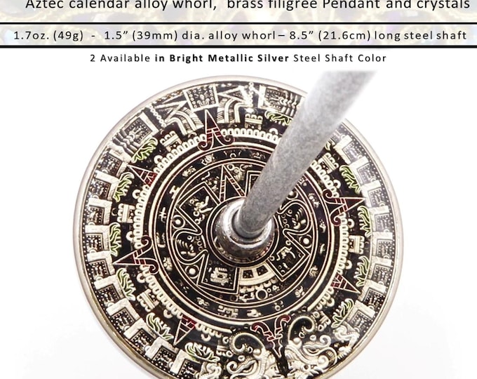 Support Spindle No.671 - Silver Aztec Calendar and Brass Filigree - Tibetan Size/Tahkli Style in Met. Silver Shaft  - FREE SHIPPING