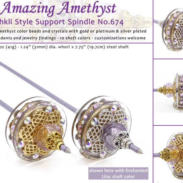 Tahkli Support Spindle No.674 - Amazing Amethyst in Gold or Platinum - choice of 10 Shaft Colors - FREE SHIPPING (US Only)
