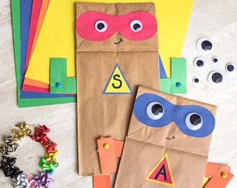 Modello di supereroe stampabile per supereroi, attività in classe per bambini, creazione di sacchetti di carta, download istantaneo