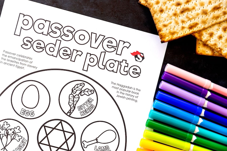 Pu&ograve; includere: Una pagina da colorare stampabile in bianco e nero di un piatto di Seder di Pasqua con il testo "Passover Seder Plate" in alto. Il piatto &egrave; diviso in sei sezioni, ciascuna con un simbolo diverso: uovo, prezzemolo, erbe amare, osso di coscia di agnello, matzah e charoset. Il testo "Passover celebrates the emancipation of the Israelites from slavery in ancient Egypt." &egrave; in basso a sinistra della pagina.