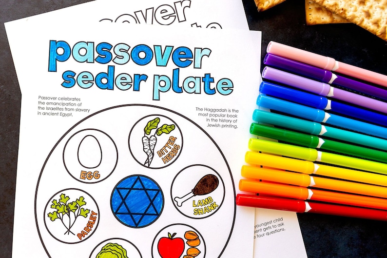 Pu&ograve; includere: Una pagina da colorare stampabile per il piatto del Seder di Pasqua con istruzioni su come celebrare la Pasqua. La pagina presenta un cerchio con sei sezioni, ciascuna rappresentante un elemento diverso del piatto del Seder. Le sezioni sono etichettate con le seguenti parole: Uovo, Prezzemolo, Erbe amare, Coscia d'agnello, Charoset e Matzah.