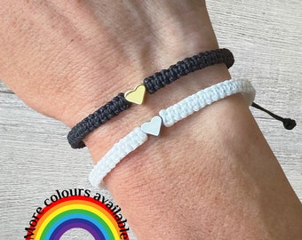 Waxed Cord Macrame Friendship Bracelet with Gold/Silver Heart Charm, Adjustable Boho Woven Bracelet, Minimalist Jewelry, Friendship Gift