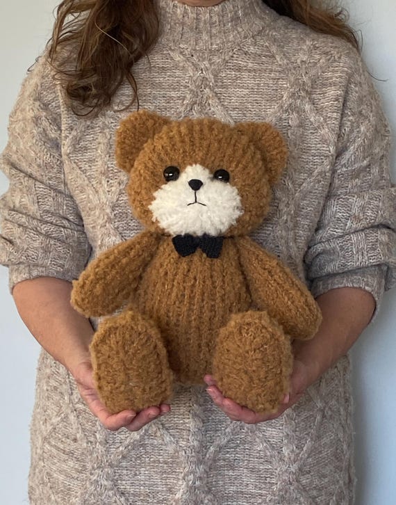 Knitted Wool Teddy Bear With Bow Tie, Finished Hand Knit Plushie