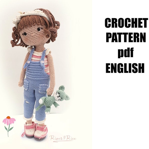 crochet pattern Fleur, pattern includes doll, clothes and little cat. This crochet pattern is available in ENGLISH (using American terms)
