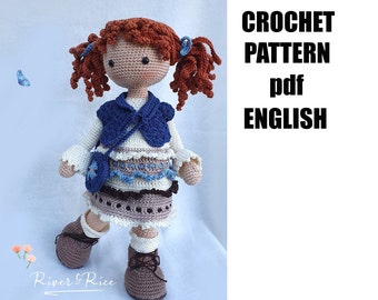 crochet pattern Gabriëlla, pattern includes doll, clothes and bag. This crochet pattern is available in ENGLISH  (using American terms)