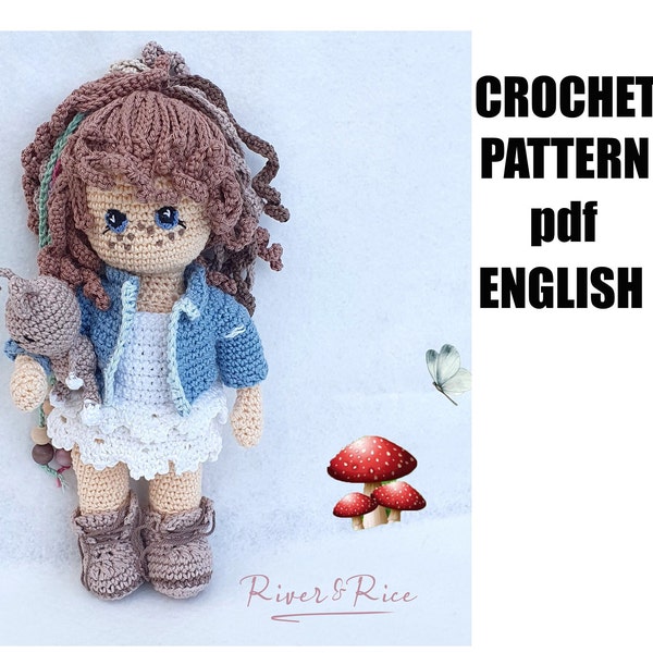 crochet pattern Noa Paige, pattern includes doll, clothes and bunny. This crochet pattern is available in ENGLISH (using American terms)