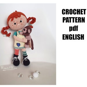 crochet pattern Pipa Lina, pattern includes doll, clothes and monkey. This crochet pattern is available in ENGLISH (using American terms)