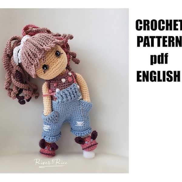 crochet pattern Nore-Lise, pattern includes doll and clothes. This crochet pattern is available in ENGLISH  (using American terms)