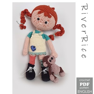 crochet pattern Pipa, pattern includes doll, clothes and monkey. This crochet pattern is available in ENGLISH  (using American terms)