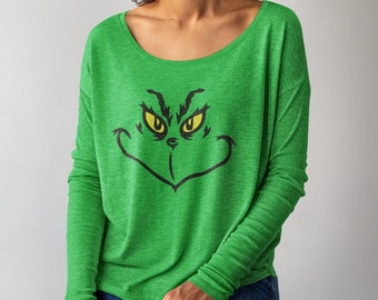Scoop Long Sleeve Grinches Face Shirt (Christmas Shirt)