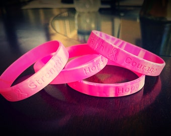 Breast Cancer Awareness Pink Ribbon Silicone Bracelets | Faith, Courage, and Hope in Pink Bracelet